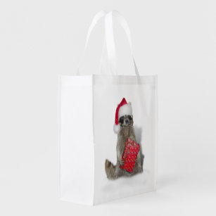 Christmas Santa Raccoon Bandit Reusable Grocery Bag
