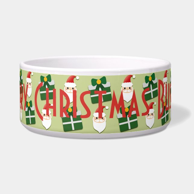 Christmas Santa Red Green Festive Personalize Pet Bowl (Front)