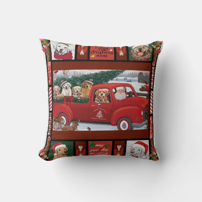 Christmas Santa Red Truck golden retriever Throw Pillow (Front)