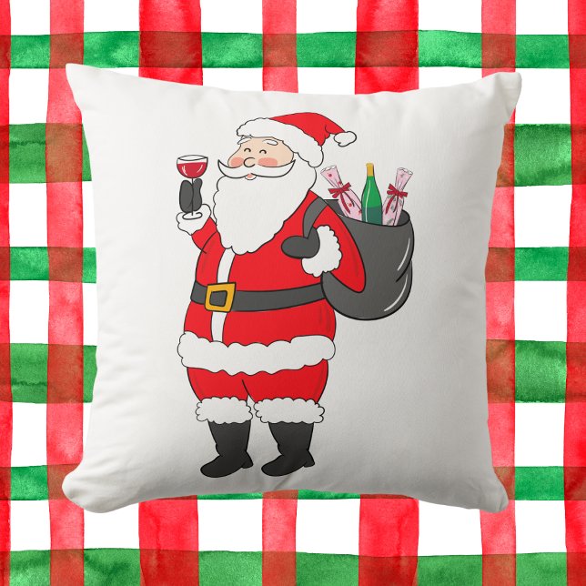 Christmas Santa Red Wine Lover Festive Throw Pillow (Creator Uploaded)