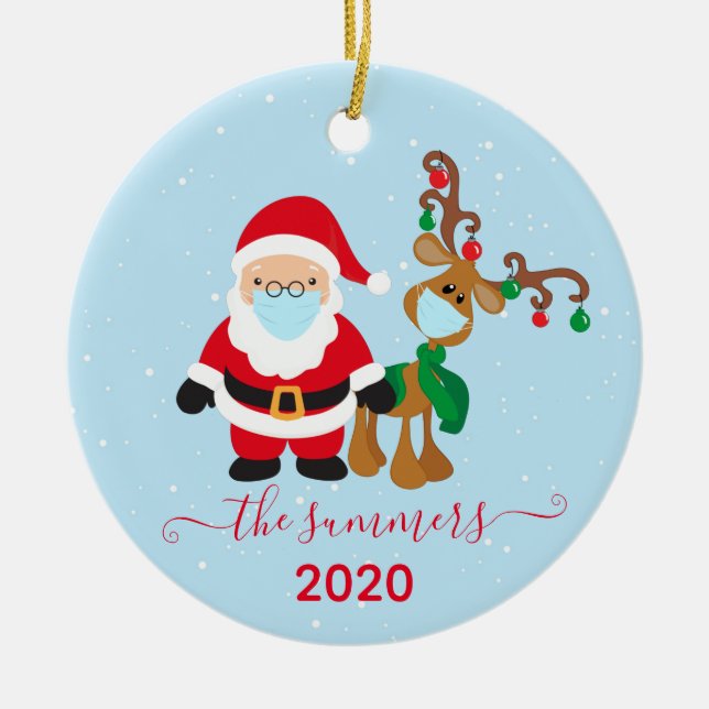 Christmas Santa Reindeer Calligraphy 2020 Covid Ceramic Ornament (Front)
