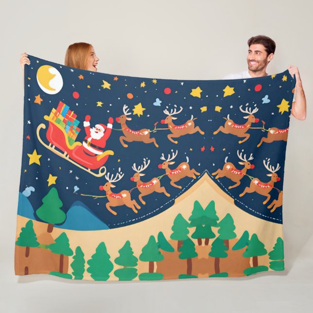 Christmas Santa Reindeer Coming To Town  Fleece Blanket (In Situ)