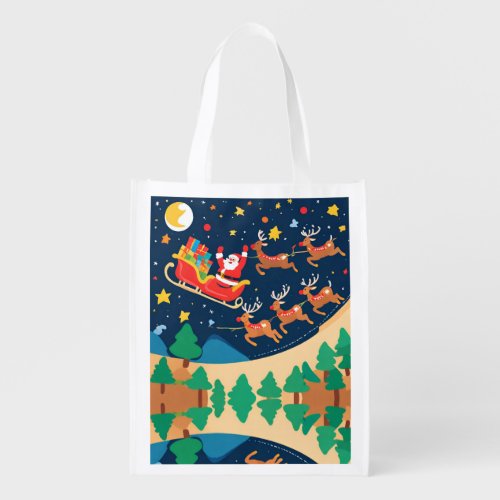 Christmas Santa Reindeer Coming To Town  Grocery Bag