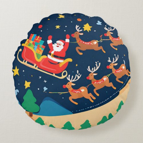 Christmas Santa Reindeer Coming To Town  Round Pillow