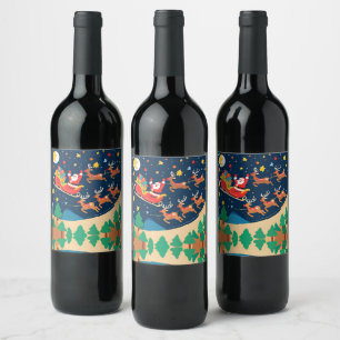 Christmas Santa Reindeer Coming To Town Wine Label