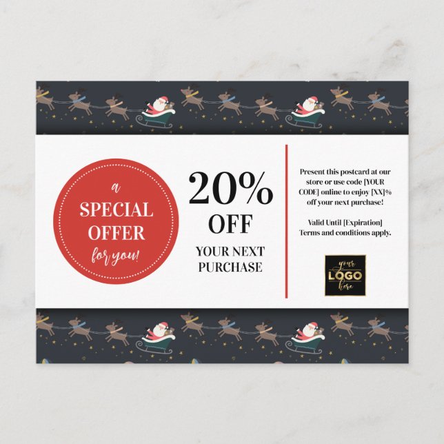 Christmas Santa Reindeer Custom Coupon Discount  Postcard (Front)
