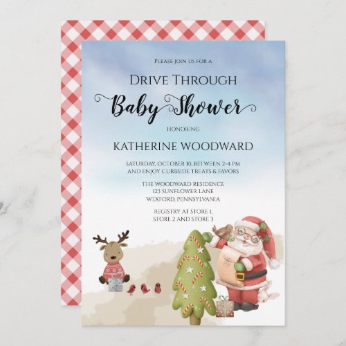 Christmas Santa  Reindeer Drive Thru Baby Shower Invitation