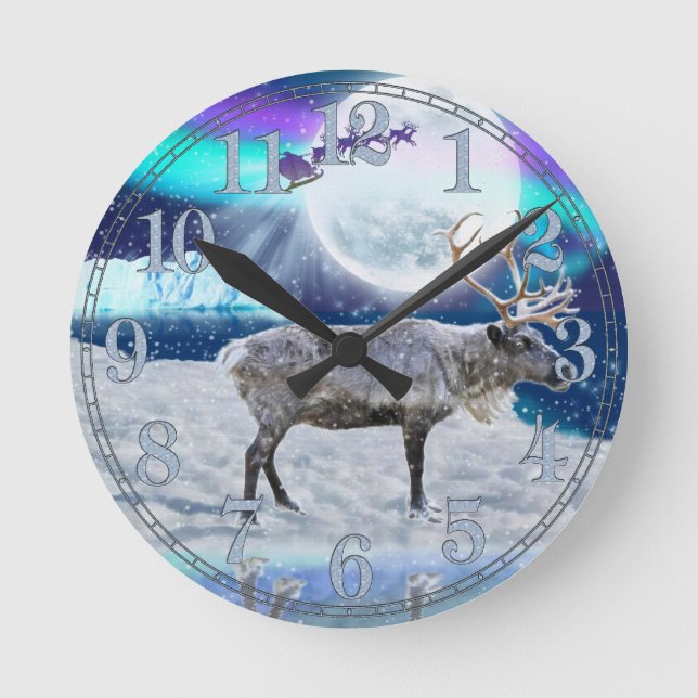 Christmas Santa & Reindeer Fantasy Art Gift Round Clock (Front)