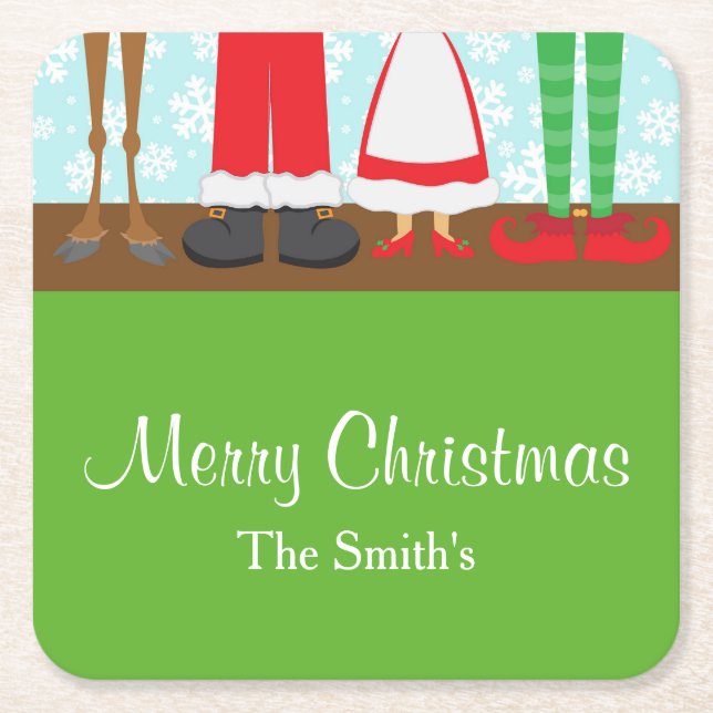 Christmas Santa Reindeer Feet Square Paper Coaster (Front)