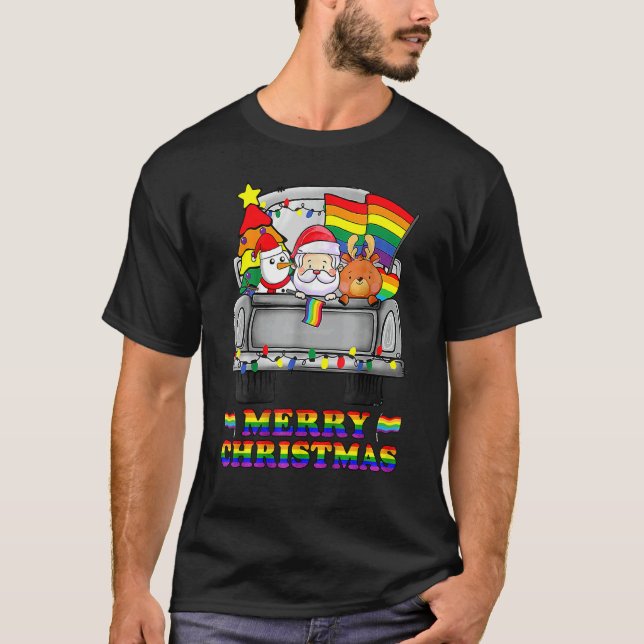 Christmas Santa & Reindeer In Truck Support LGBT T-Shirt (Front)