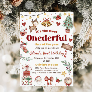 Christmas Santa Reindeer Onederful 1st Birthday Invitation