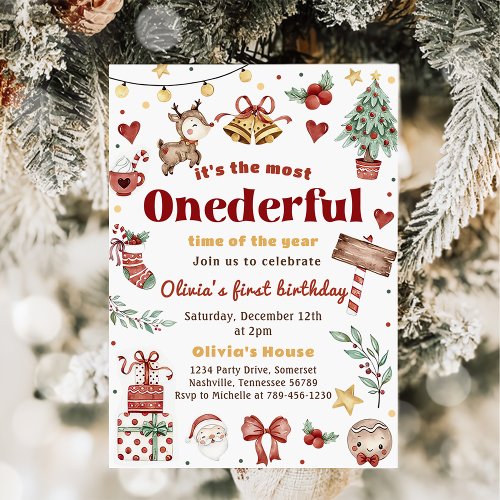 Christmas Santa Reindeer Onederful 1st Birthday  Invitation