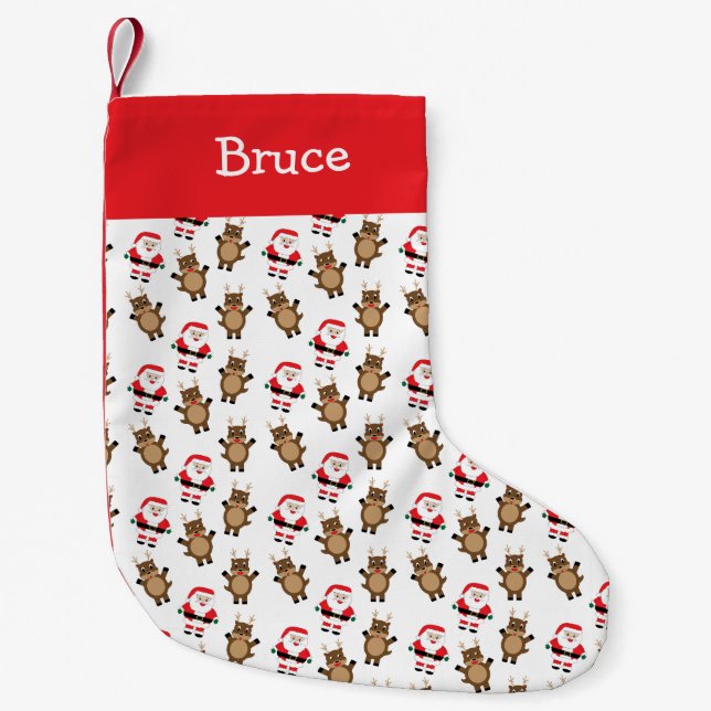 Christmas Santa Reindeer Personalize White Small Christmas Stocking (Front)