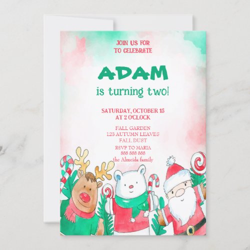 christmas santa reindeer polar bear birthday  invitation