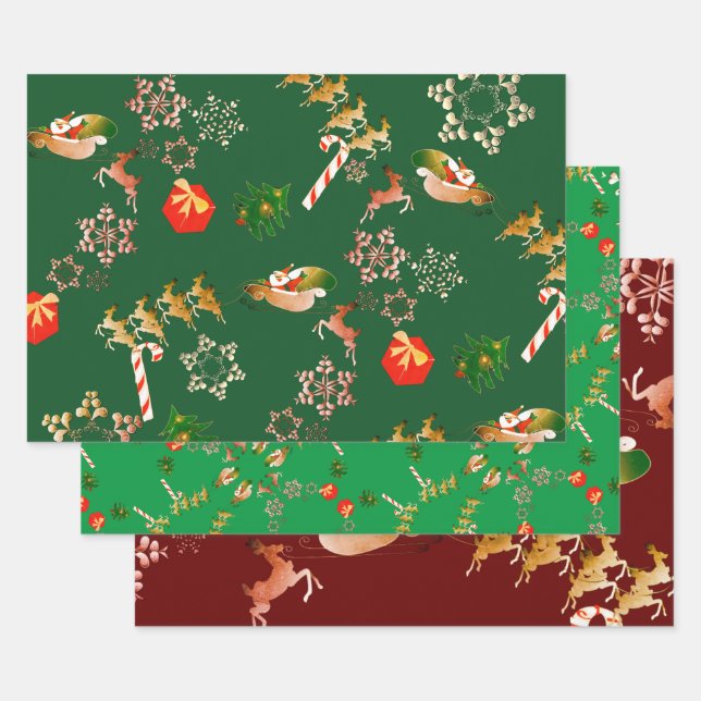 Christmas Santa Reindeer Red Green Wrapping Paper Sheets (Set)