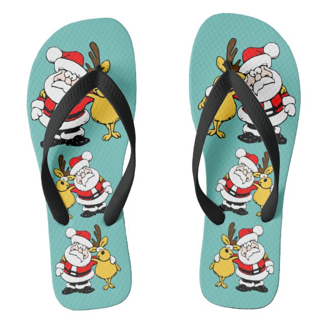 Christmas Santa Reindeer Red Yellow Gift Flip Flops (Footbed)