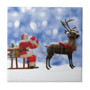 Christmas Santa Reindeer Sledging Snow Ceramic Tile