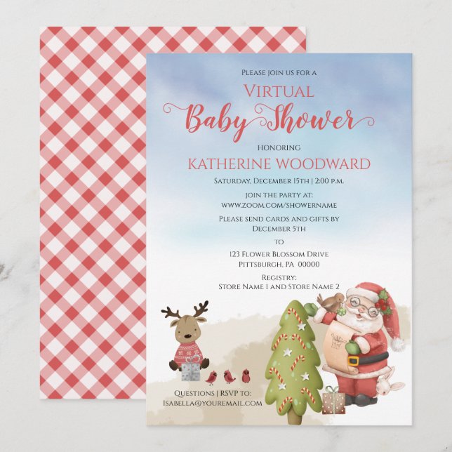 Christmas Santa | Reindeer Virtual Baby Shower Inv Invitation (Front/Back)