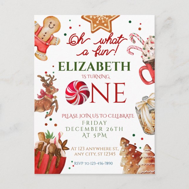 Christmas Santa Reindeer what a fun 1st Birthday Postcard (Front)