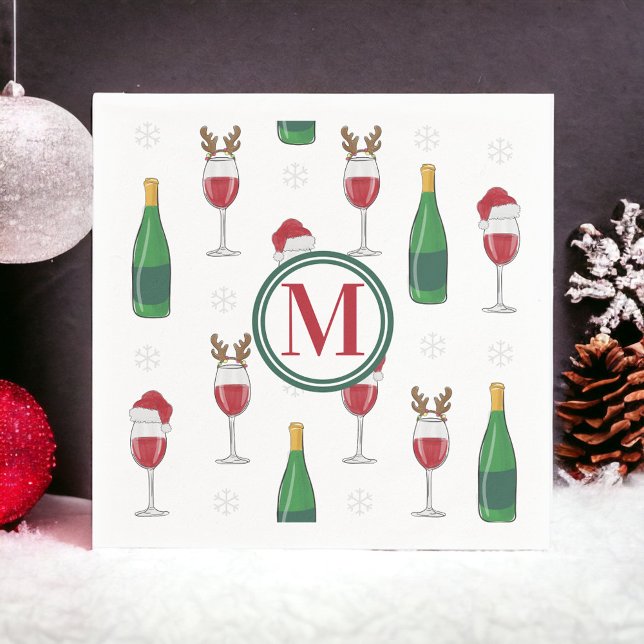 Christmas Santa Reindeer Wine Snow Monogram Napkins (Creator Uploaded)