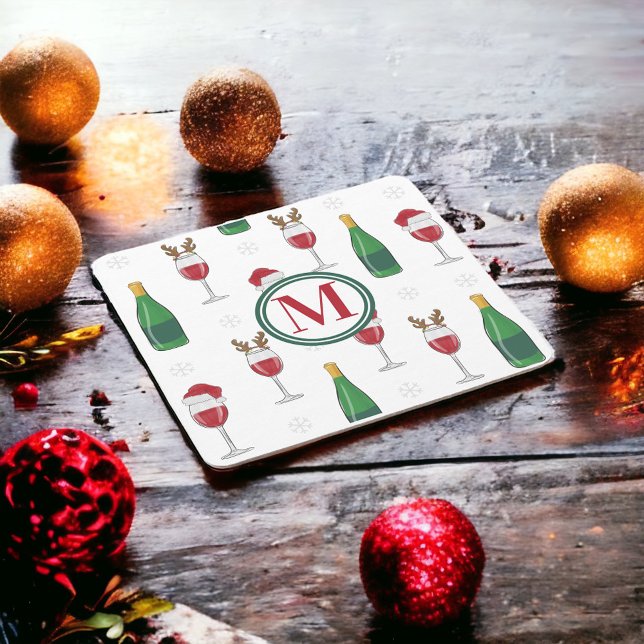 Christmas Santa Reindeer Wine Snow Monogram Square Paper Coaster (Creator Uploaded)
