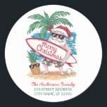 Christmas Santa riding a dinosaur Return Address   Classic Round Sticker<br><div class="desc">Christmas Santa riding a dinosaur Return Address Classic Round Sticker</div>