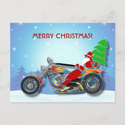 Christmas Santa Riding Chopper Bike With Red Hat Holiday Postcard