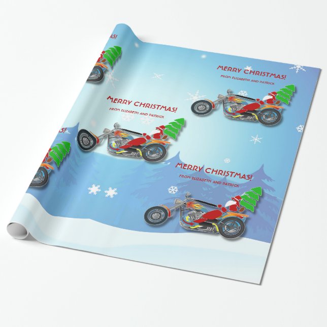 Christmas Santa Riding Chopper Bike With Red Hat Wrapping Paper (Unrolled)