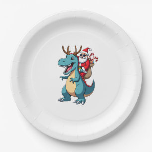 Christmas Santa Riding Dinosaur Deer Xmas (1) Paper Plates