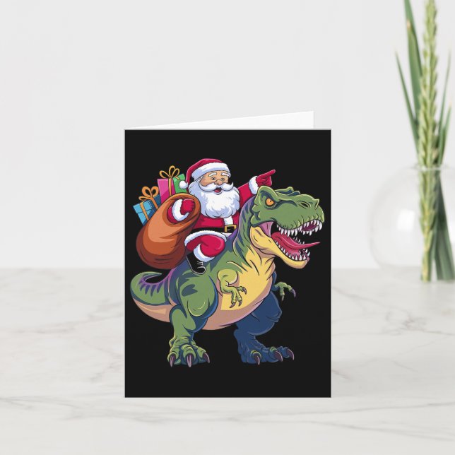 Christmas Santa Riding Dinosaur T-rex Boys Kids To Card (Front)