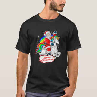 Christmas Santa Riding Unicorn, Cute Xmas Rainbow T-Shirt
