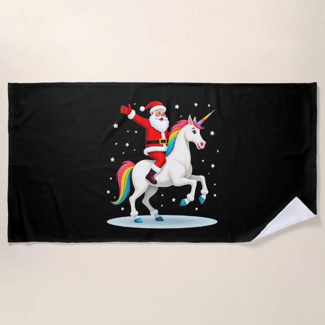 Christmas Santa Riding Unicorn Xmas Girls Women Ra Beach Towel (Front)