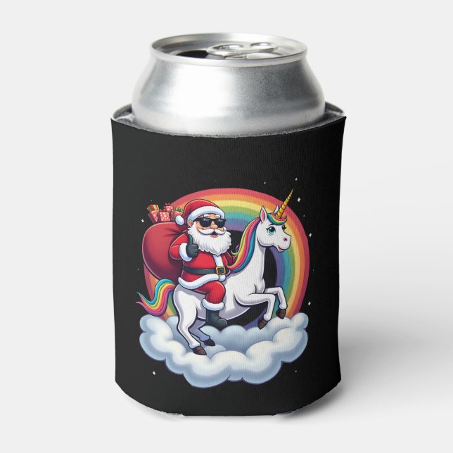 Christmas Santa Riding Unicorn Xmas Girls Women Ra Can Cooler (Can Front)