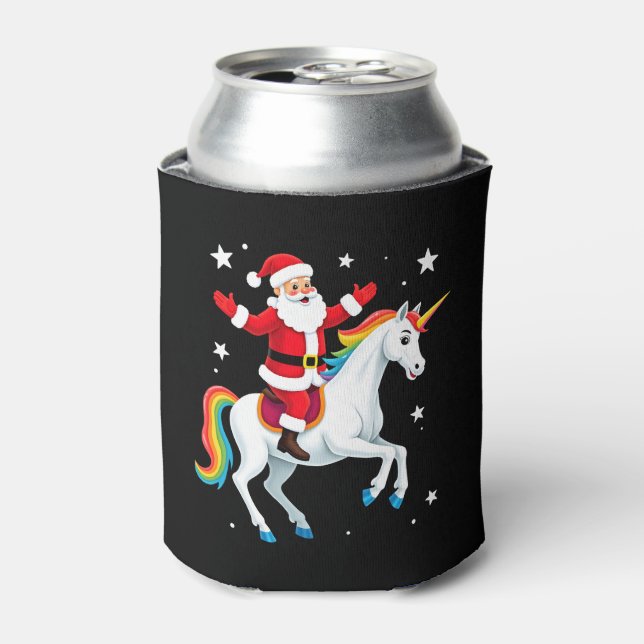 Christmas Santa Riding Unicorn Xmas Girls Women Ra Can Cooler (Can Front)