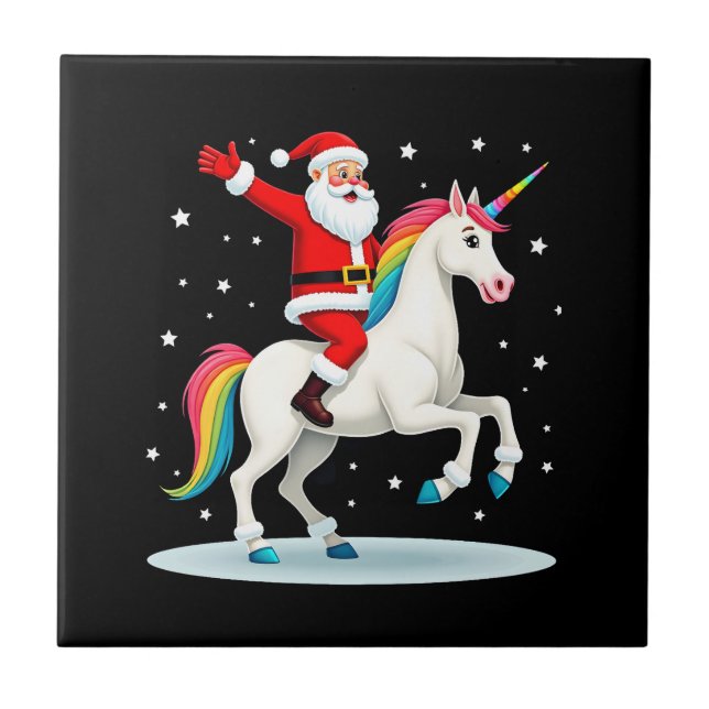 Christmas Santa Riding Unicorn Xmas Girls Women Ra Ceramic Tile (Front)