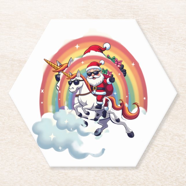 Christmas Santa Riding Unicorn Xmas Girls Women Ra Paper Coaster (Front)