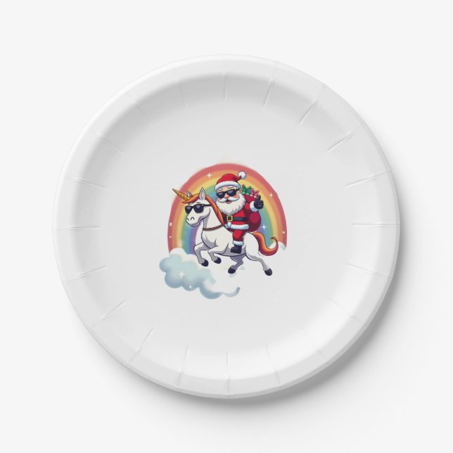 Christmas Santa Riding Unicorn Xmas Girls Women Ra Paper Plates (Front)