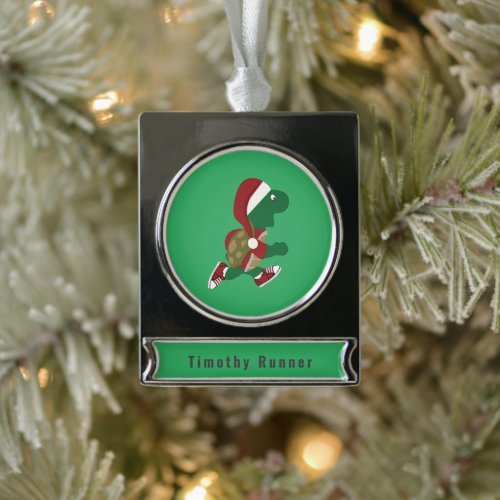 Christmas Santa Running Turtle Silver Plated Banner Ornament