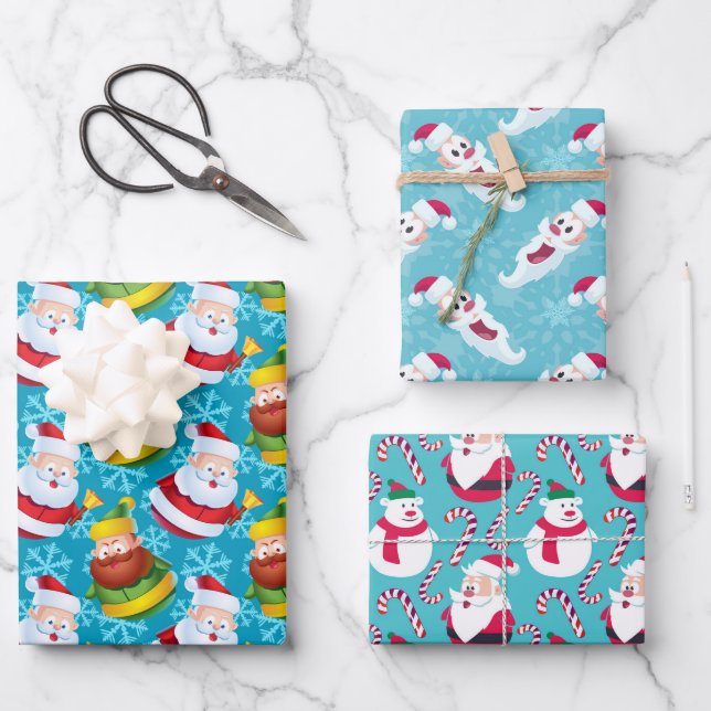 Christmas Santa’s with Aqua Background  Wrapping Paper Sheets (Front)