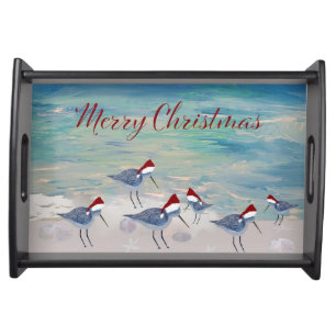 Christmas Santa Sandpipers coastal Holiday serving Serving Tray