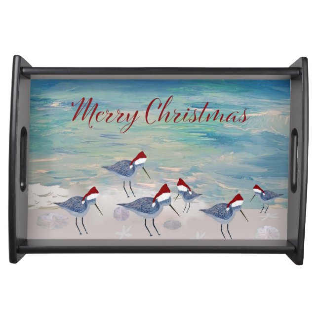Christmas Santa Sandpipers coastal Holiday serving Tray (Front)