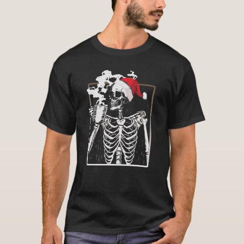 Christmas Santa Skeleton Drinking Coffee T_Shirt
