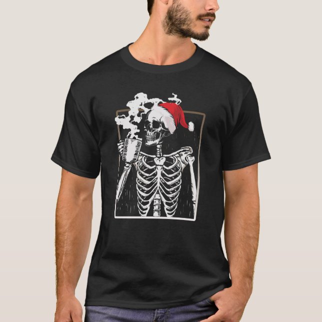 Christmas Santa Skeleton Drinking Coffee T-Shirt (Front)