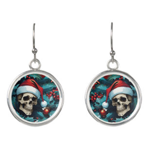 Christmas Santa Skulls And Holly Earrings