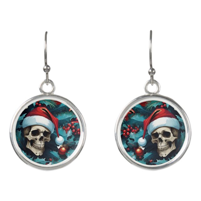 Christmas Santa Skulls And Holly Earrings (Front)
