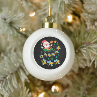 Christmas Santa Sleigh Bees Pulling Xmas Holiday Ceramic Ball Christmas Ornament
