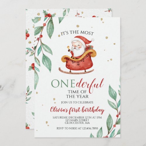 Christmas Santa Sleigh Onederful First Birthday Invitation