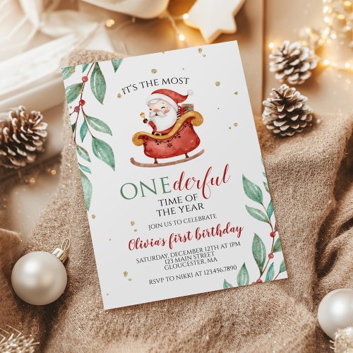 Christmas Santa Sleigh Onederful First Birthday Invitation