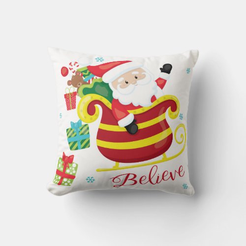Christmas Santa Sleigh Presents Believe Kids Throw Pillow