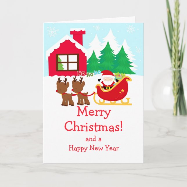 Christmas Santa Sleigh & Reindeer Merry Christmas Holiday Card (Front)